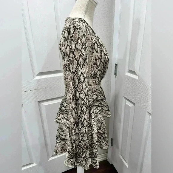 DO+BE plunge, ruffled skirt, snake print, waist tie, back zip, lined, mini dress - Picture 3 of 12